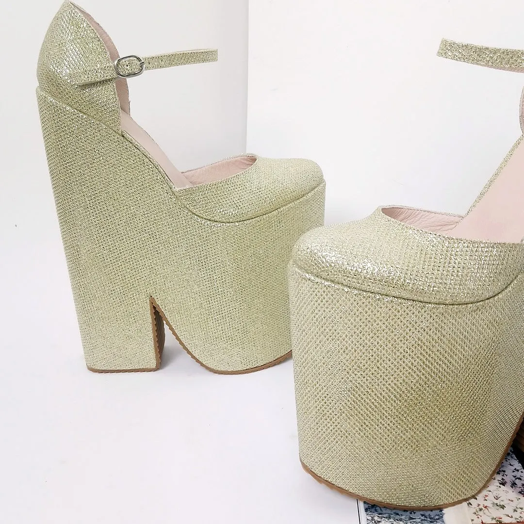 Gold Shiny High Heel Stylish Wedge Shoes