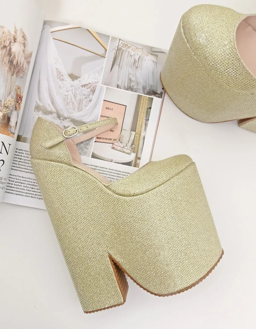 Gold Shiny High Heel Stylish Wedge Shoes