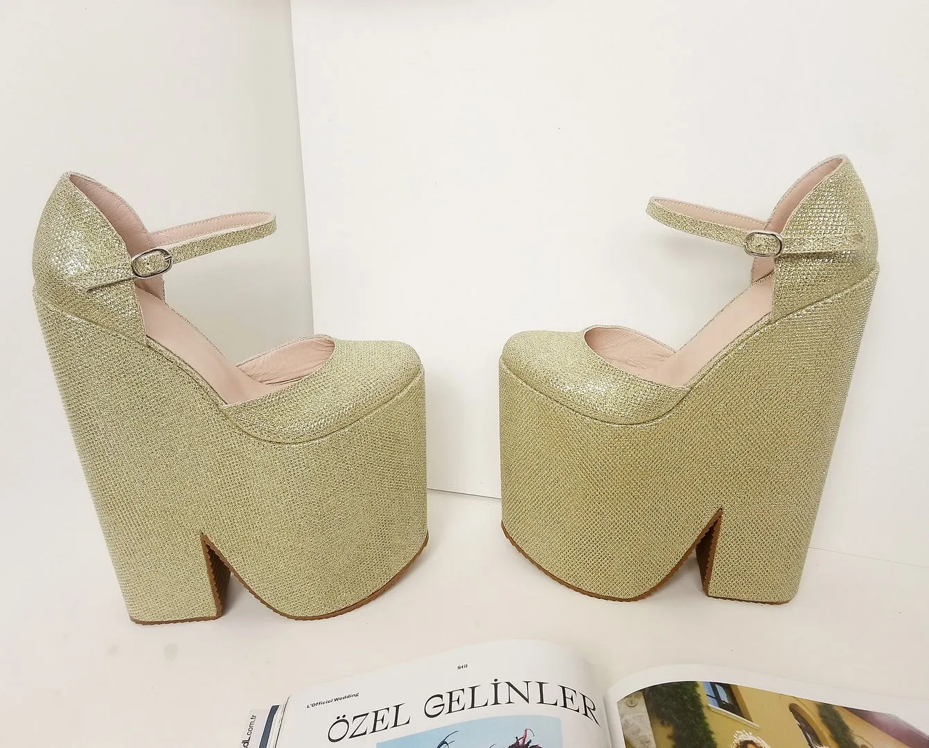 Gold Shiny High Heel Stylish Wedge Shoes