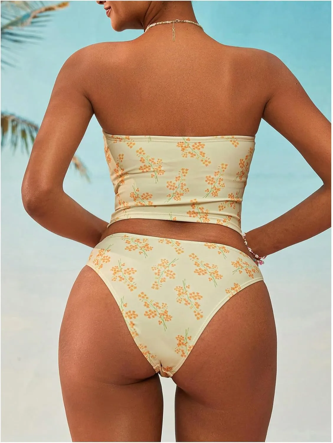 GORGLITTER Women's Floral Tankini Set Strapless High Cut Thong Cheeky 2025 Swimsuit Bathing Suits