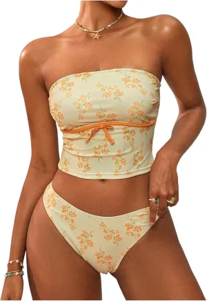 GORGLITTER Women's Floral Tankini Set Strapless High Cut Thong Cheeky 2025 Swimsuit Bathing Suits