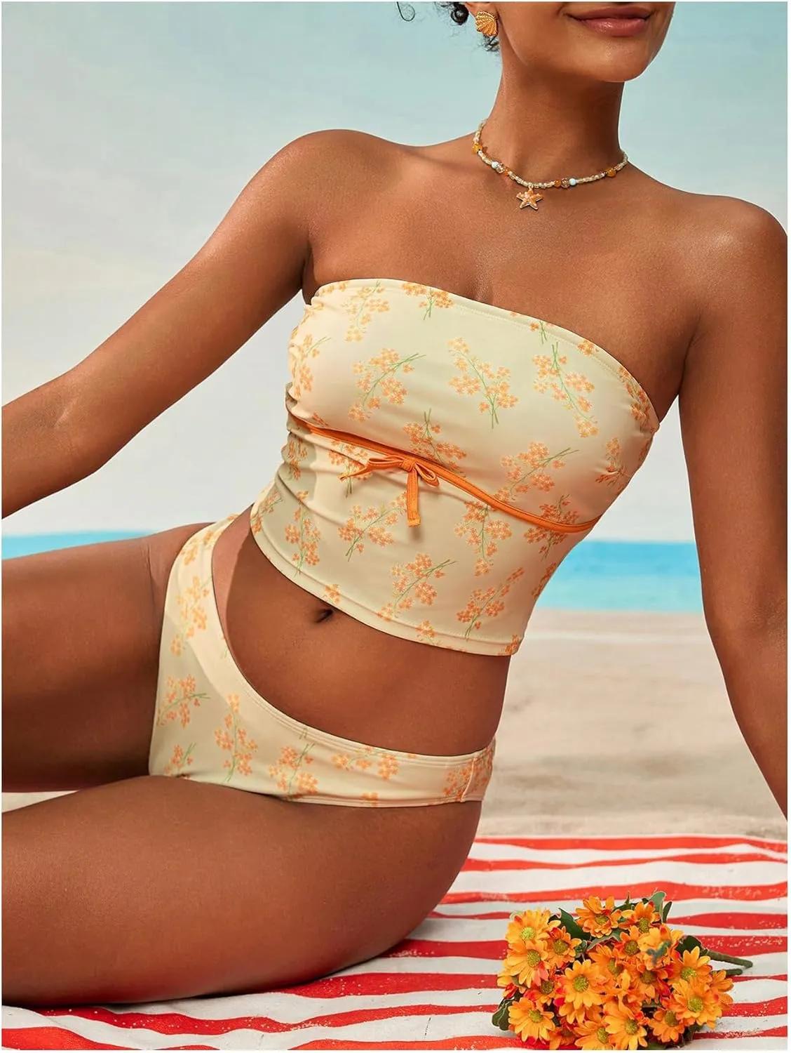 GORGLITTER Women's Floral Tankini Set Strapless High Cut Thong Cheeky 2025 Swimsuit Bathing Suits