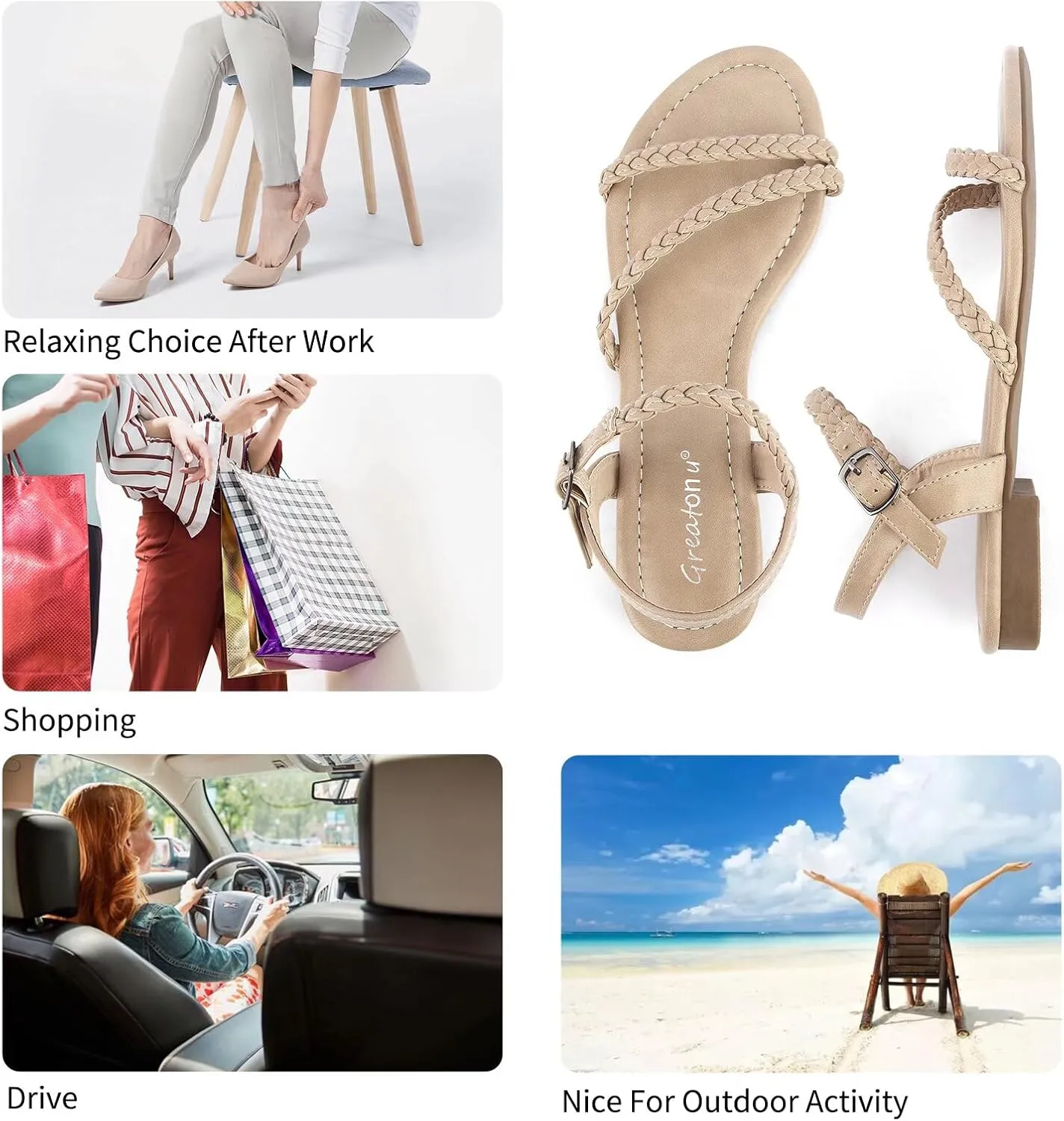 Greatonu Women??s Flat Sandals Slip On Summer Gladiator Open Toe Braided Slingback Shoes