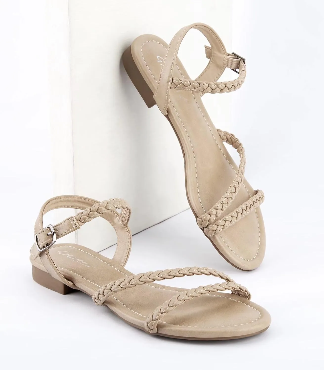 Greatonu Women??s Flat Sandals Slip On Summer Gladiator Open Toe Braided Slingback Shoes