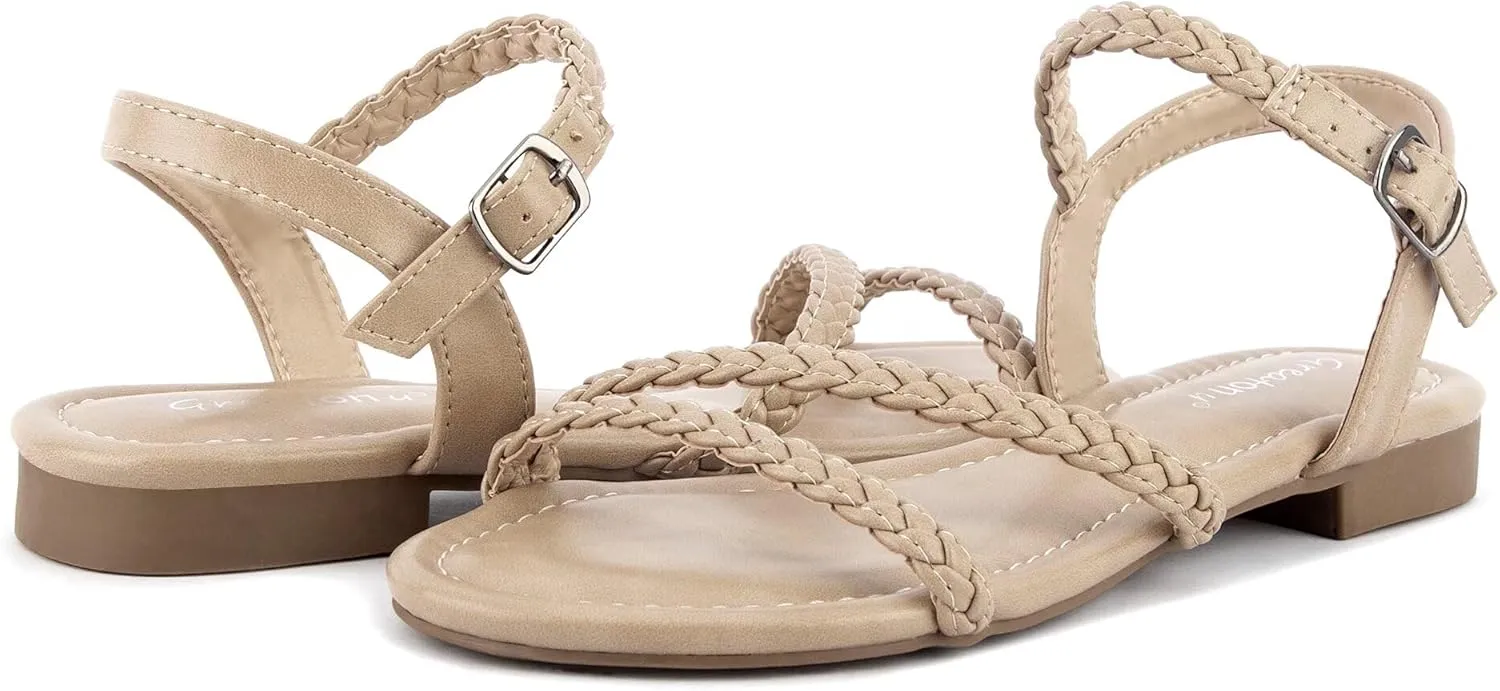 Greatonu Women??s Flat Sandals Slip On Summer Gladiator Open Toe Braided Slingback Shoes