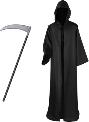Halloween Grim Reaper Scythe Costume Robe Plastic Scream Costume Hooded Cloak Adults Cosplay