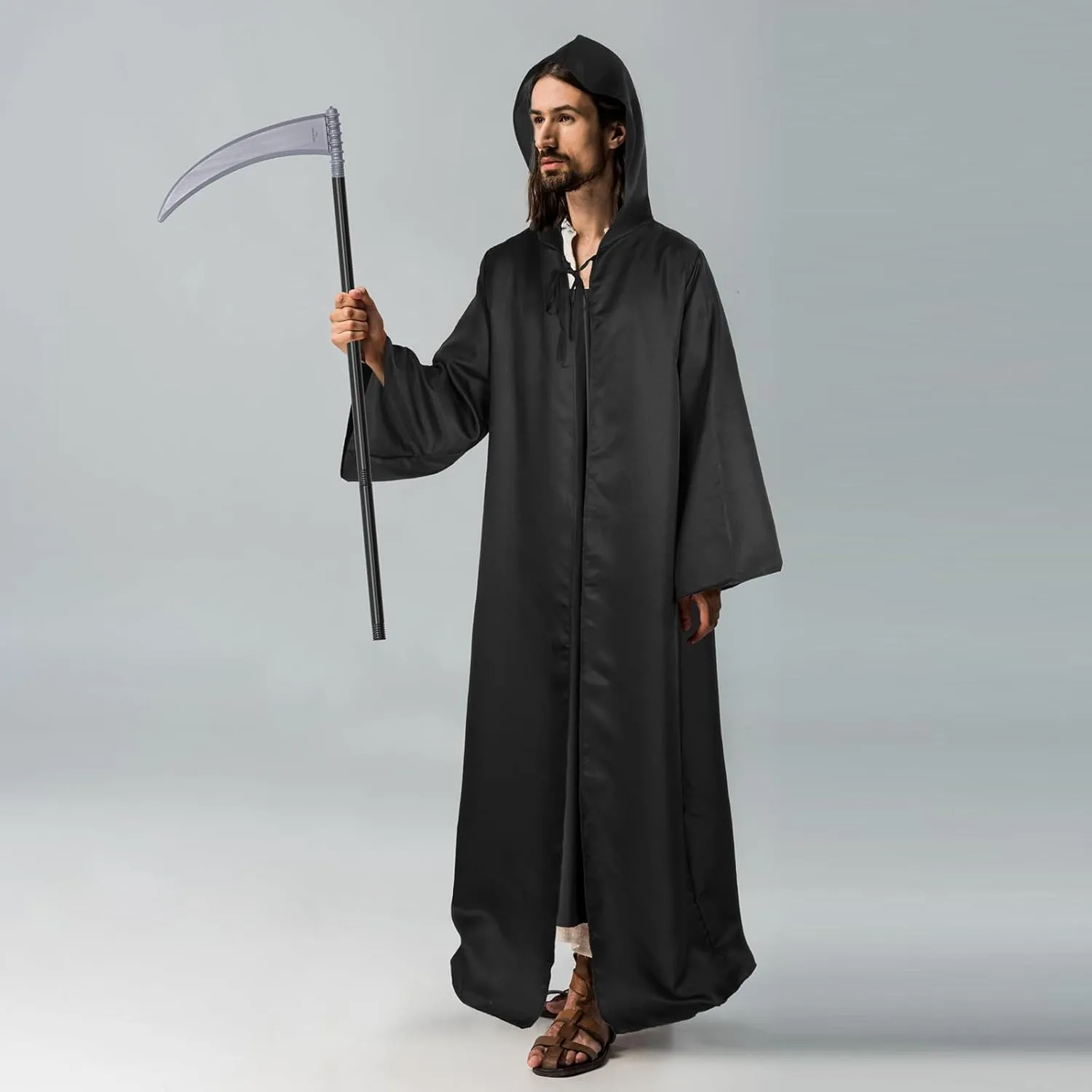 Halloween Grim Reaper Scythe Costume Robe Plastic Scream Costume Hooded Cloak Adults Cosplay