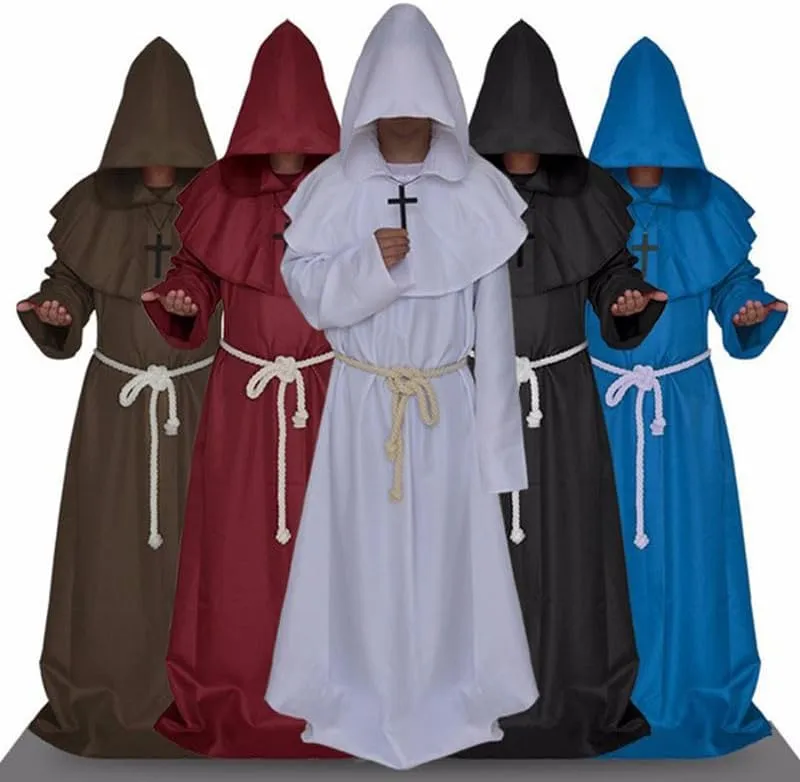 Halloween Monk Priest Costume Medieval Wizard Robe Hooded Renaissance Friar Cosplay Cloak for Adult Men