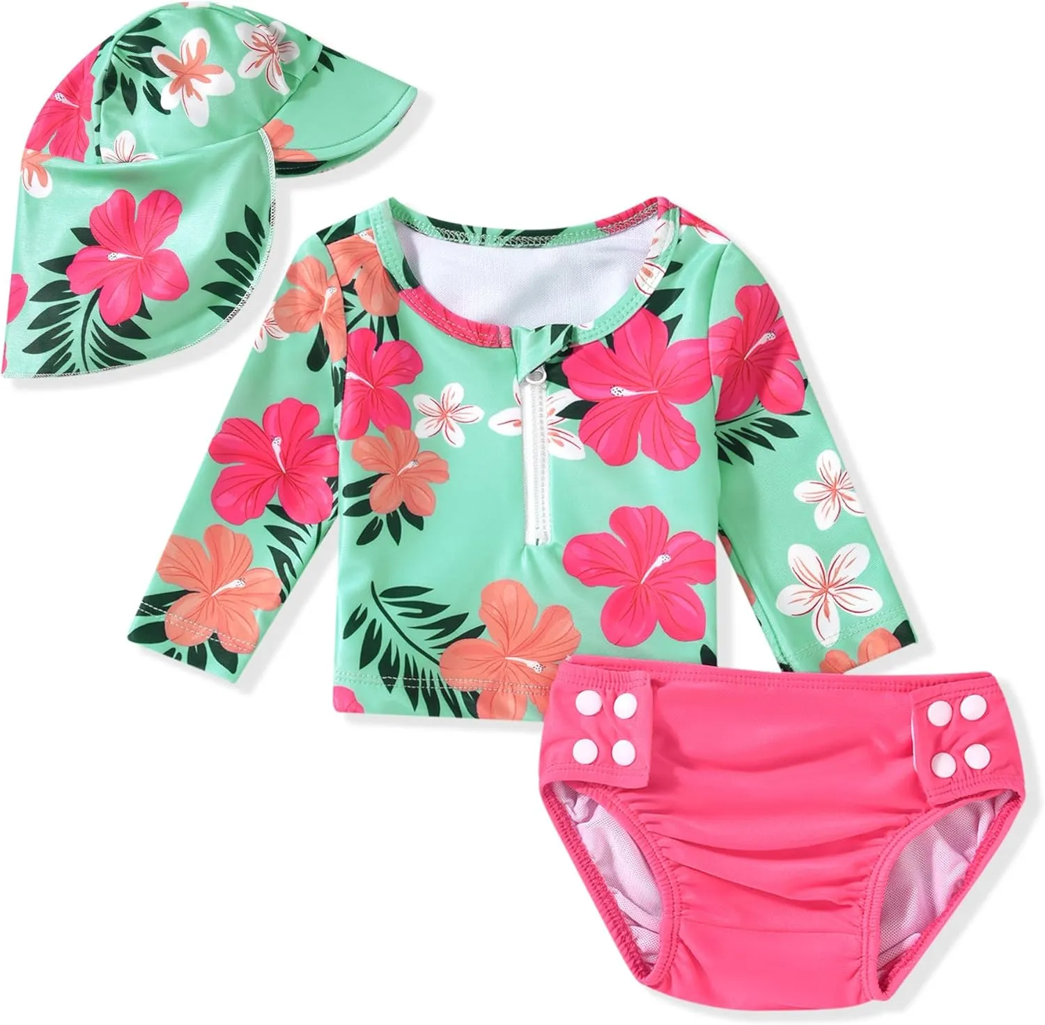 HINTINA Newborn Baby Girl Long Sleeve 2-Pieces Swimsuit Bathing Suit with Hat