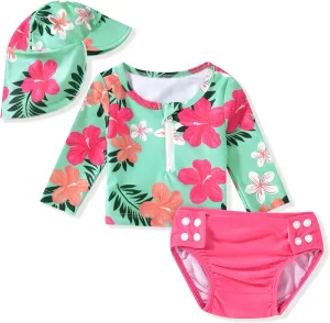 HINTINA Newborn Baby Girl Long Sleeve 2-Pieces Swimsuit Bathing Suit with Hat
