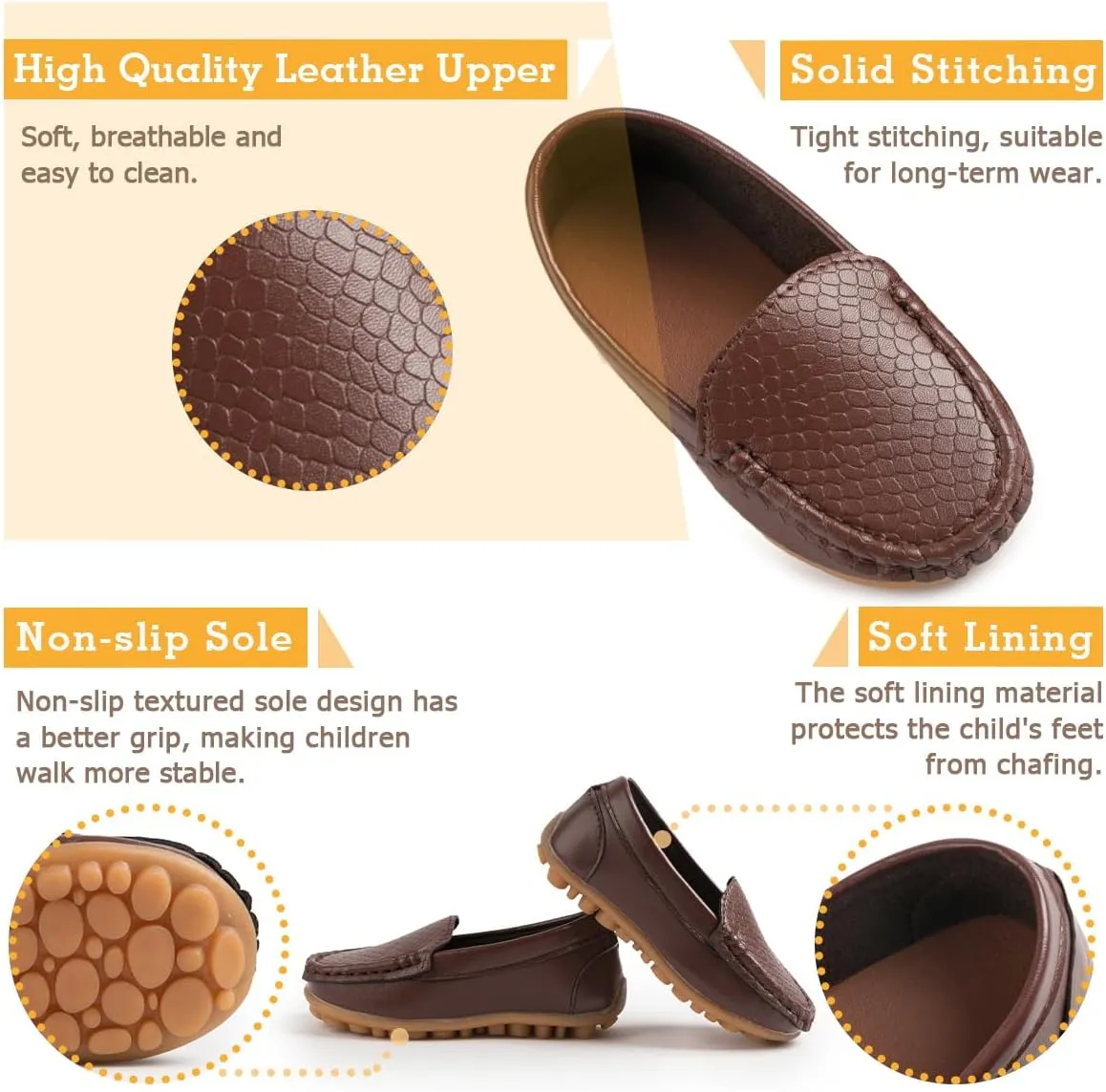 Kannior Boys Girls Leather Loafers Slip-On Texture Flats Boat Dress Moccasin Schooling Daily Walking Shoes(Toddler/Little Kids)