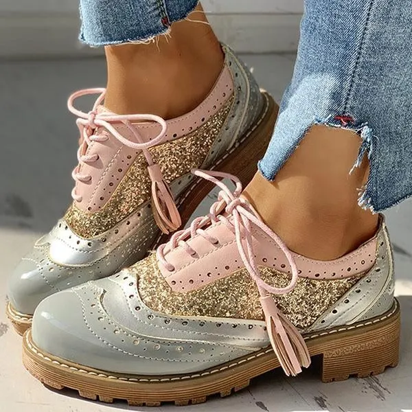 Lace-Up Sequins Insert Chunky Heeled Boots