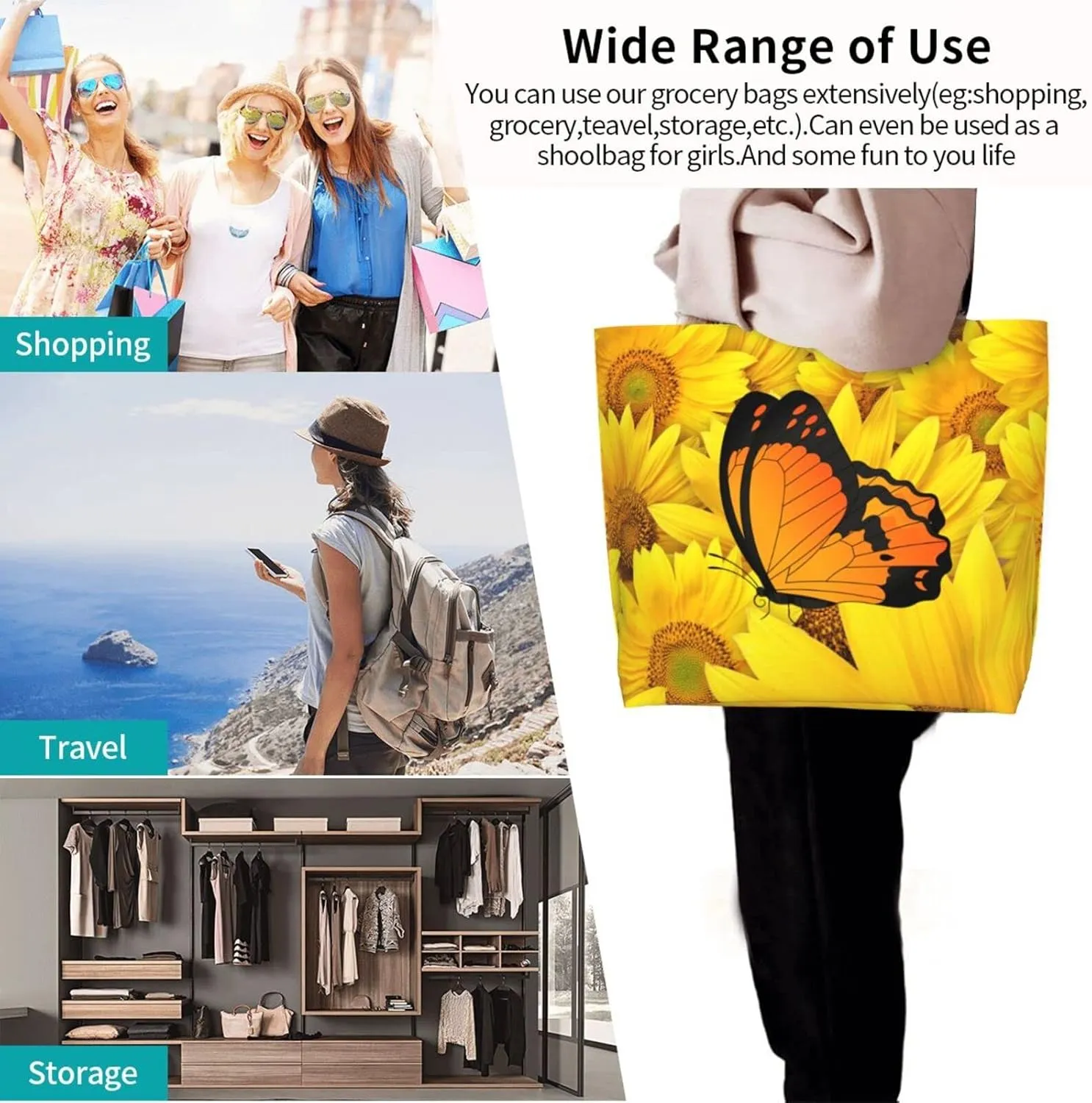 Large Capacity Reusable Canvas Shoulder Bag   Both Sides Bucket Hat Casual Tote Handbag