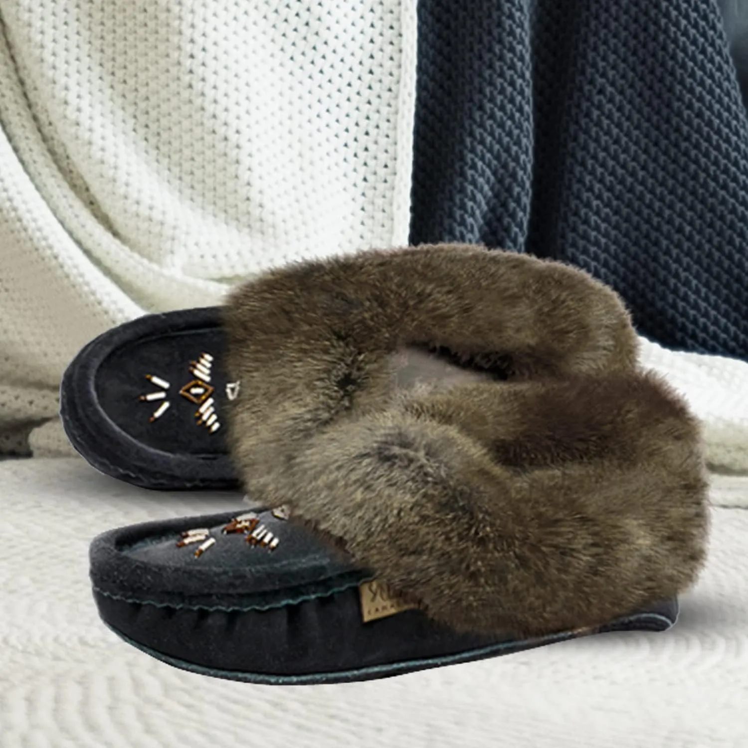 Laurentian Chief Moccasin Slippers for Women ?C Ladies Comfortable Slippers with Real Rabbit Fur Trim and Soft Faux Lining ?C Canada Quality Beaded Style Warmie Shoes for House Indoor