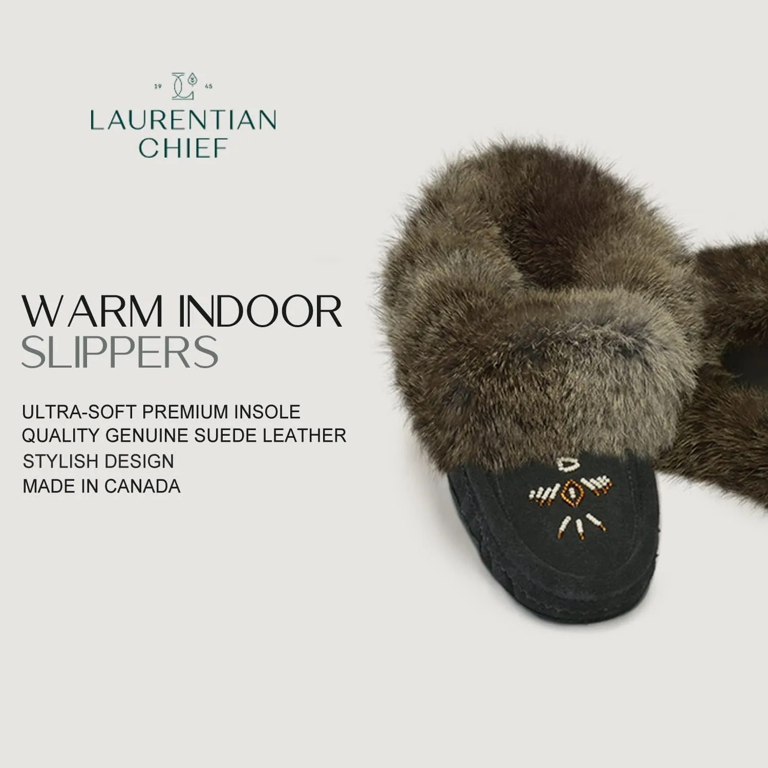 Laurentian Chief Moccasin Slippers for Women ?C Ladies Comfortable Slippers with Real Rabbit Fur Trim and Soft Faux Lining ?C Canada Quality Beaded Style Warmie Shoes for House Indoor
