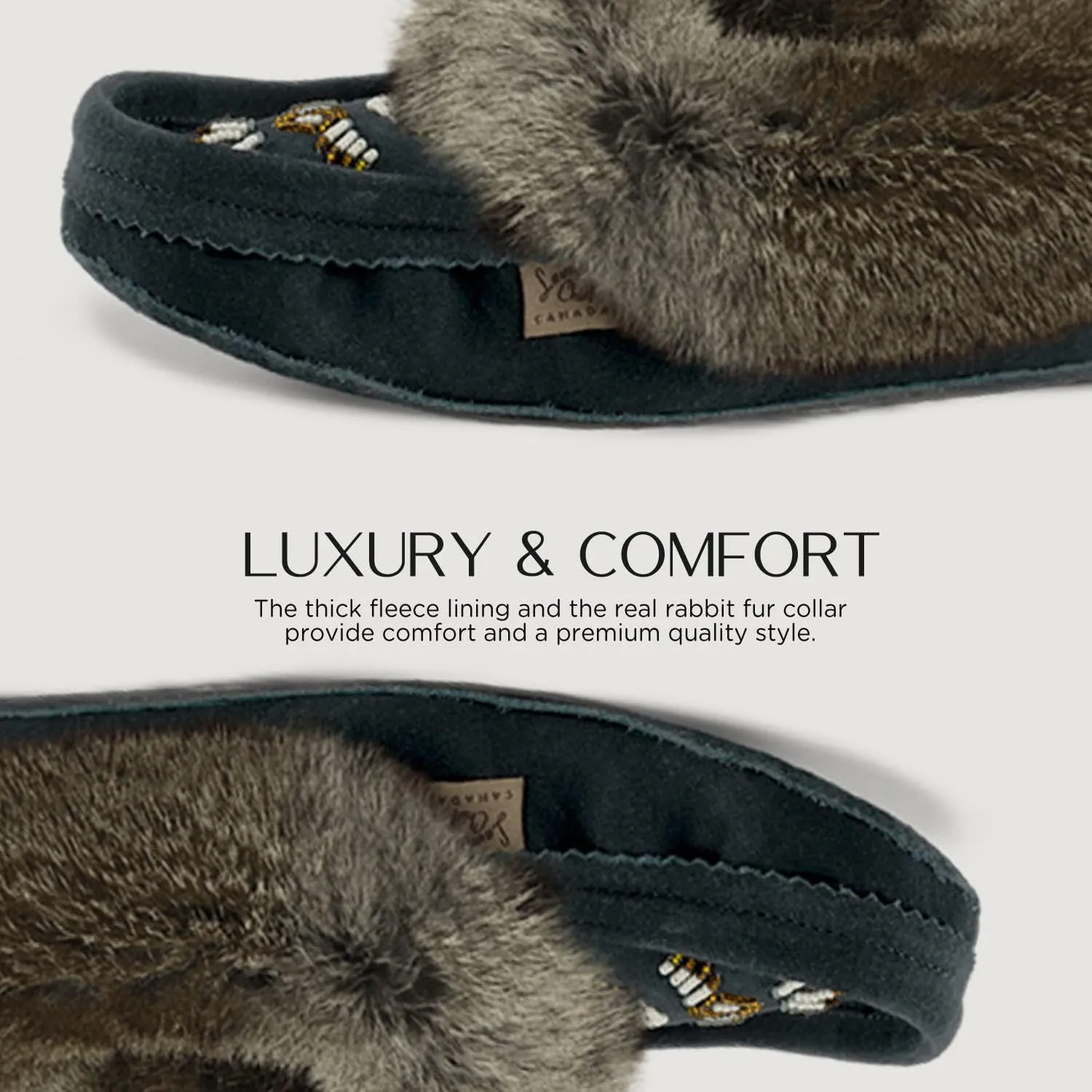Laurentian Chief Moccasin Slippers for Women ?C Ladies Comfortable Slippers with Real Rabbit Fur Trim and Soft Faux Lining ?C Canada Quality Beaded Style Warmie Shoes for House Indoor