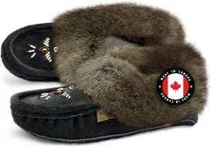 Laurentian Chief Moccasin Slippers for Women ?C Ladies Comfortable Slippers with Real Rabbit Fur Trim and Soft Faux Lining ?C Canada Quality Beaded Style Warmie Shoes for House Indoor