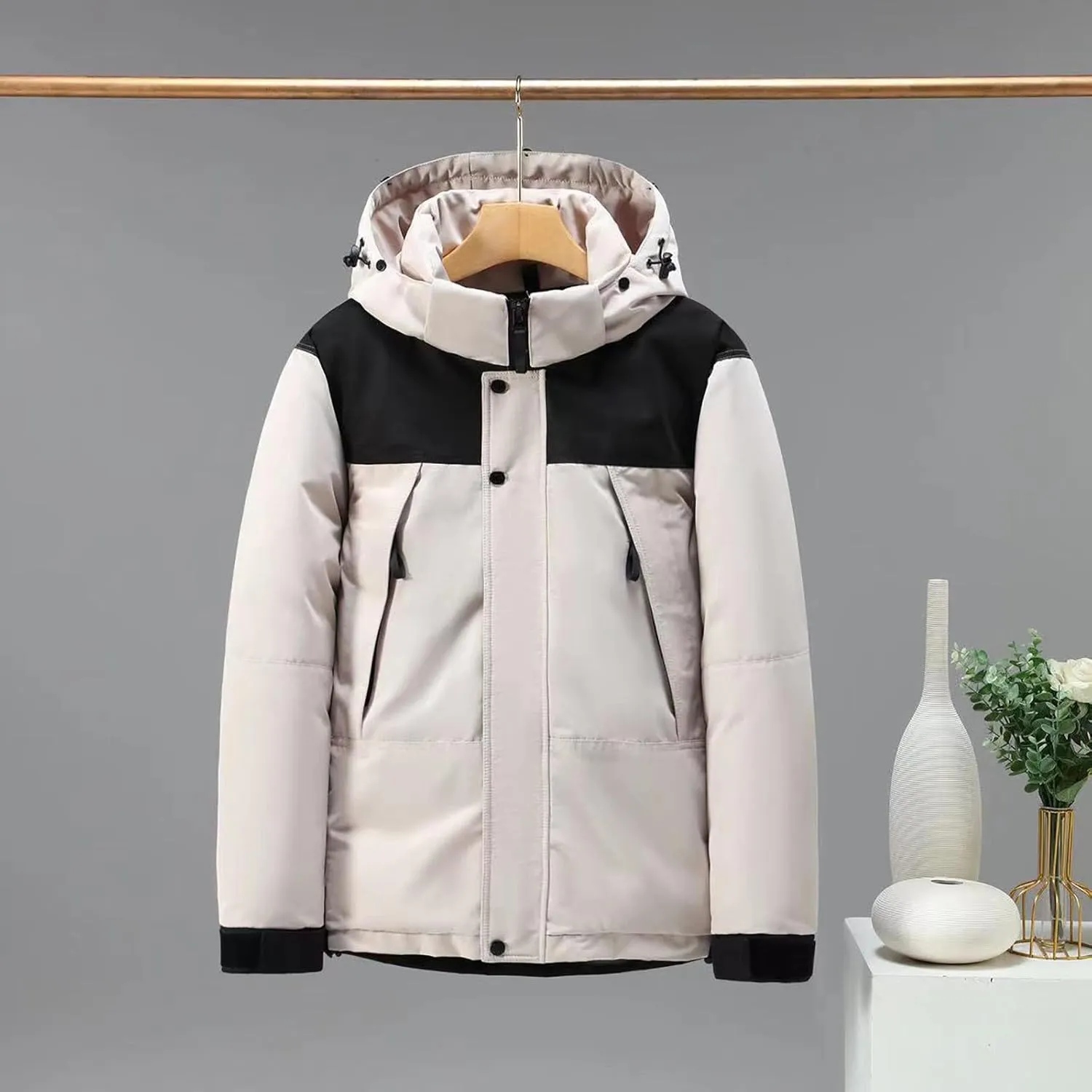 Mens Hooded Outdoor Jacket High Collar Two Color Splicin Cotton Padded Coat Detachable Hat Long Mens Lightweight
