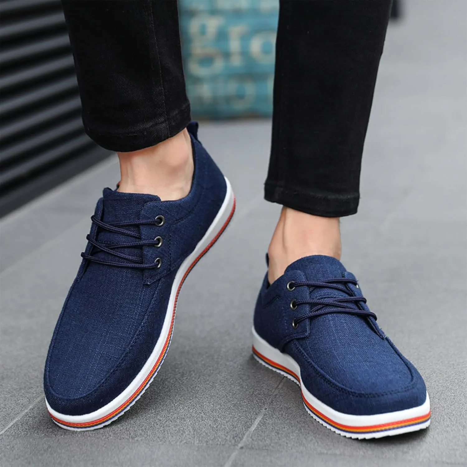 Men's Lace Up Canvas Slip-On Casual Loafers, with Arch Support Comfy Lightweight Orthopedic Non-Slip Walking Shoes for Working Traveling Breathable Driving Shoes