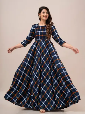 Orange Checkered Print Smocked Maxi Fit and Flare Dress - SHKUP1317