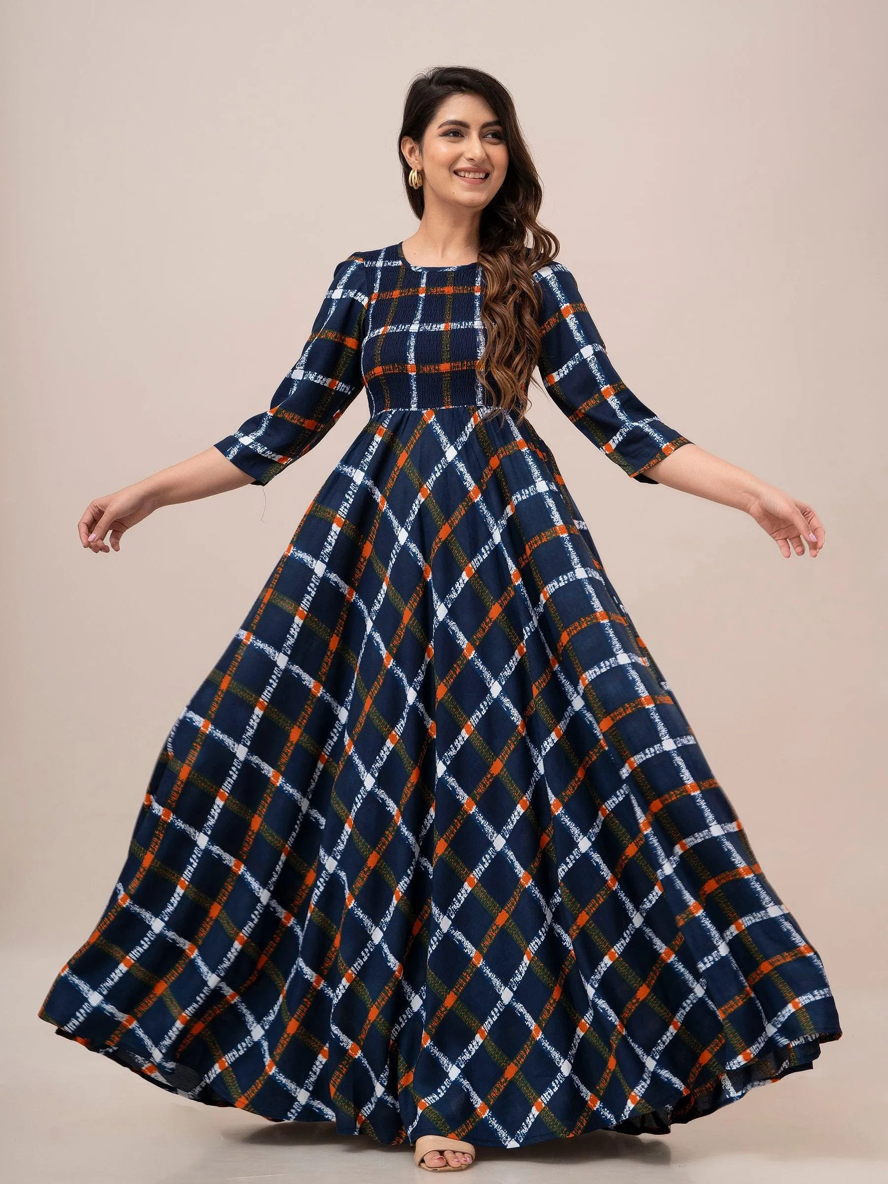 Orange Checkered Print Smocked Maxi Fit and Flare Dress - SHKUP1317