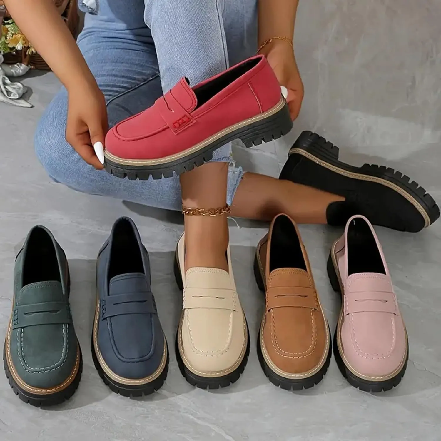 Penny Loafers for Women 2025 Round Toe Dressy Shoes Slip-On Lug Sole Platform Shoes College Girls Casual Wear Shoes