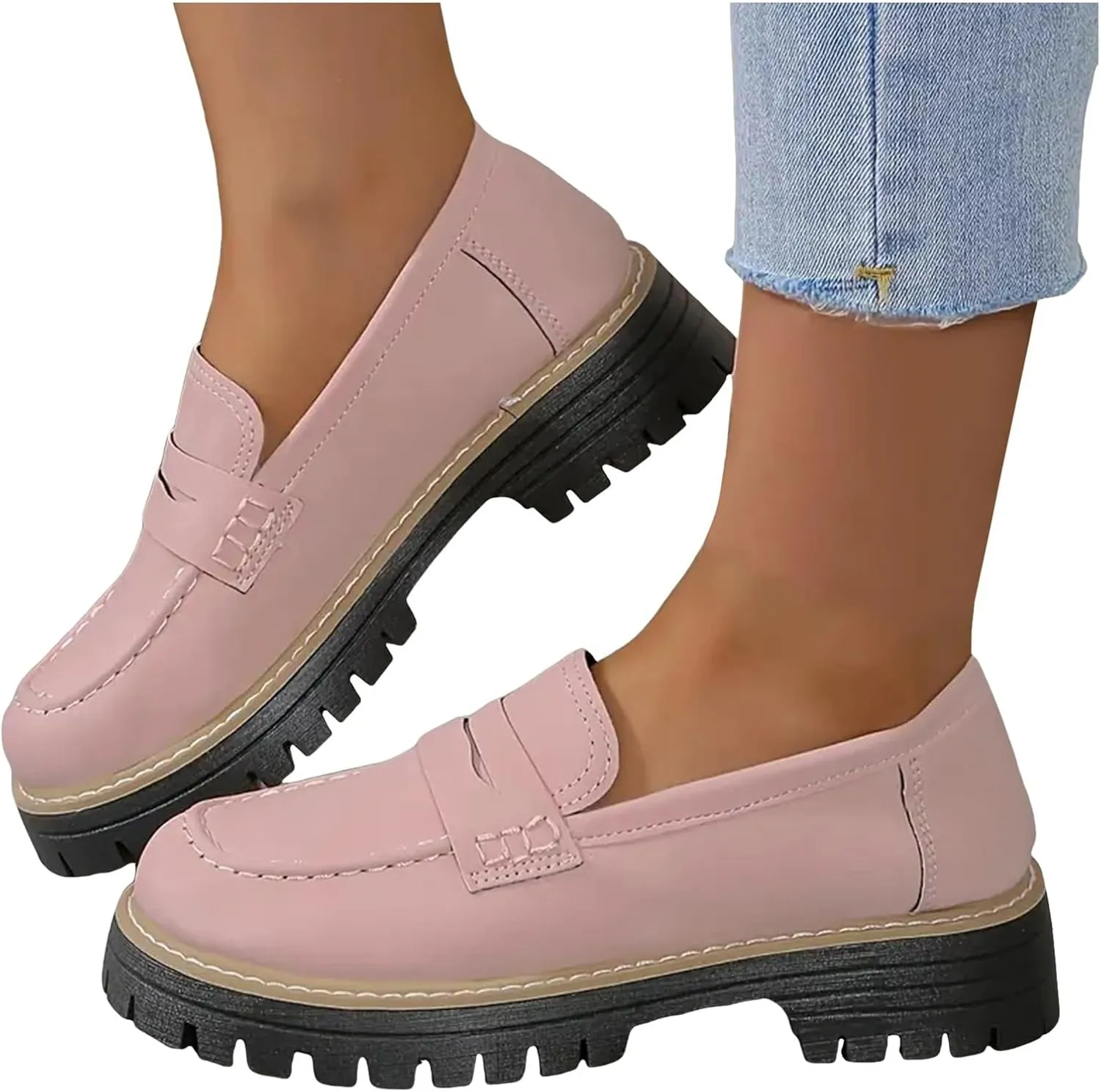 Penny Loafers for Women 2025 Round Toe Dressy Shoes Slip-On Lug Sole Platform Shoes College Girls Casual Wear Shoes