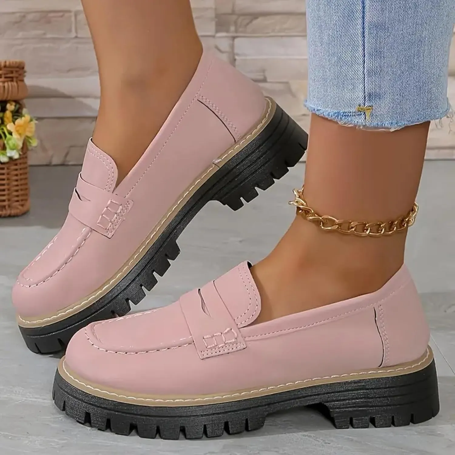 Penny Loafers for Women 2025 Round Toe Dressy Shoes Slip-On Lug Sole Platform Shoes College Girls Casual Wear Shoes