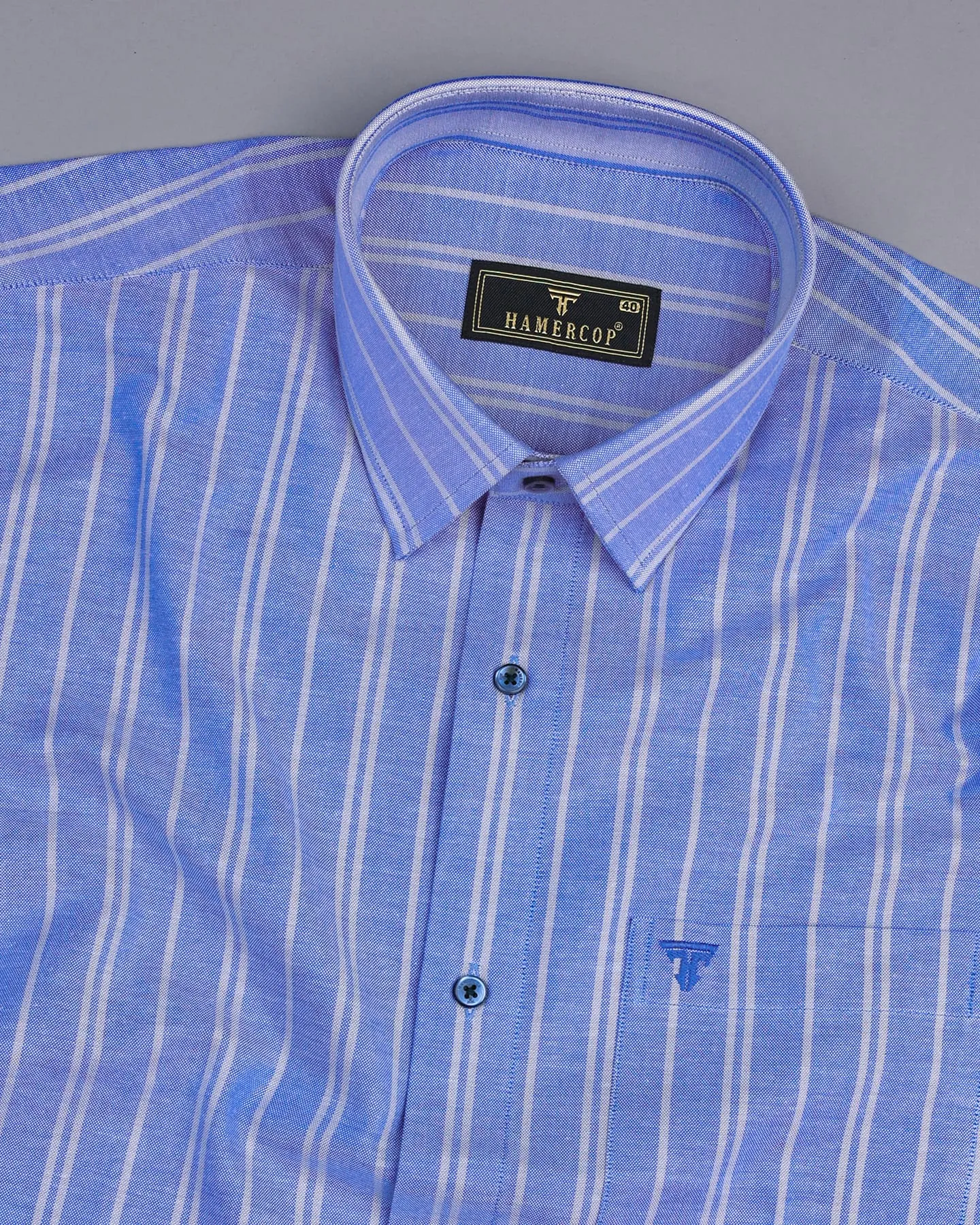 Porto Blue With Gray Stripe Oxford Cotton Formal Shirt
