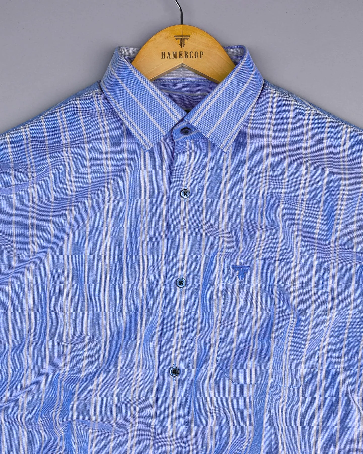 Porto Blue With Gray Stripe Oxford Cotton Formal Shirt