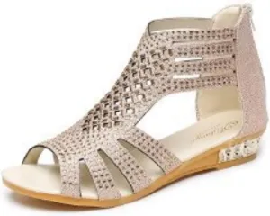 Sandals for Women 2025 Comfortable Rhinestones Sparkly Open Toe Shoes Low Heel Wedge Non-Slip Shoes Zipper Back Gladiator Sandals