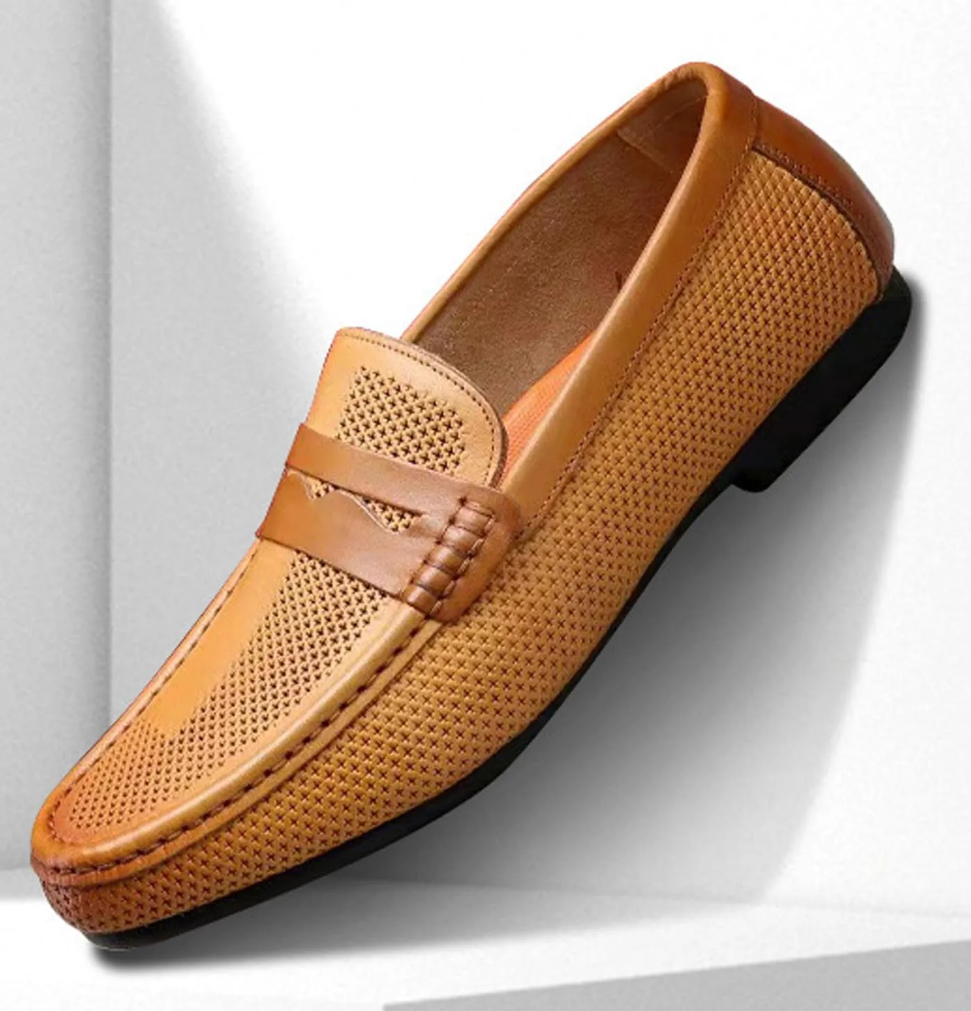 Santimon Men's Dress Loafers Leather Shoes - Classic Penny Loafers for Work, Casual-Non-Slip, Comfortable Walking Shoes-Breathable Hollow Design Mocasines