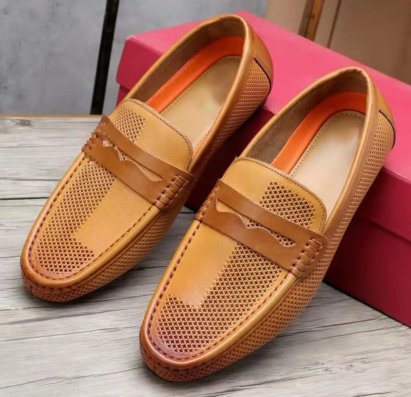Santimon Men's Dress Loafers Leather Shoes - Classic Penny Loafers for Work, Casual-Non-Slip, Comfortable Walking Shoes-Breathable Hollow Design Mocasines
