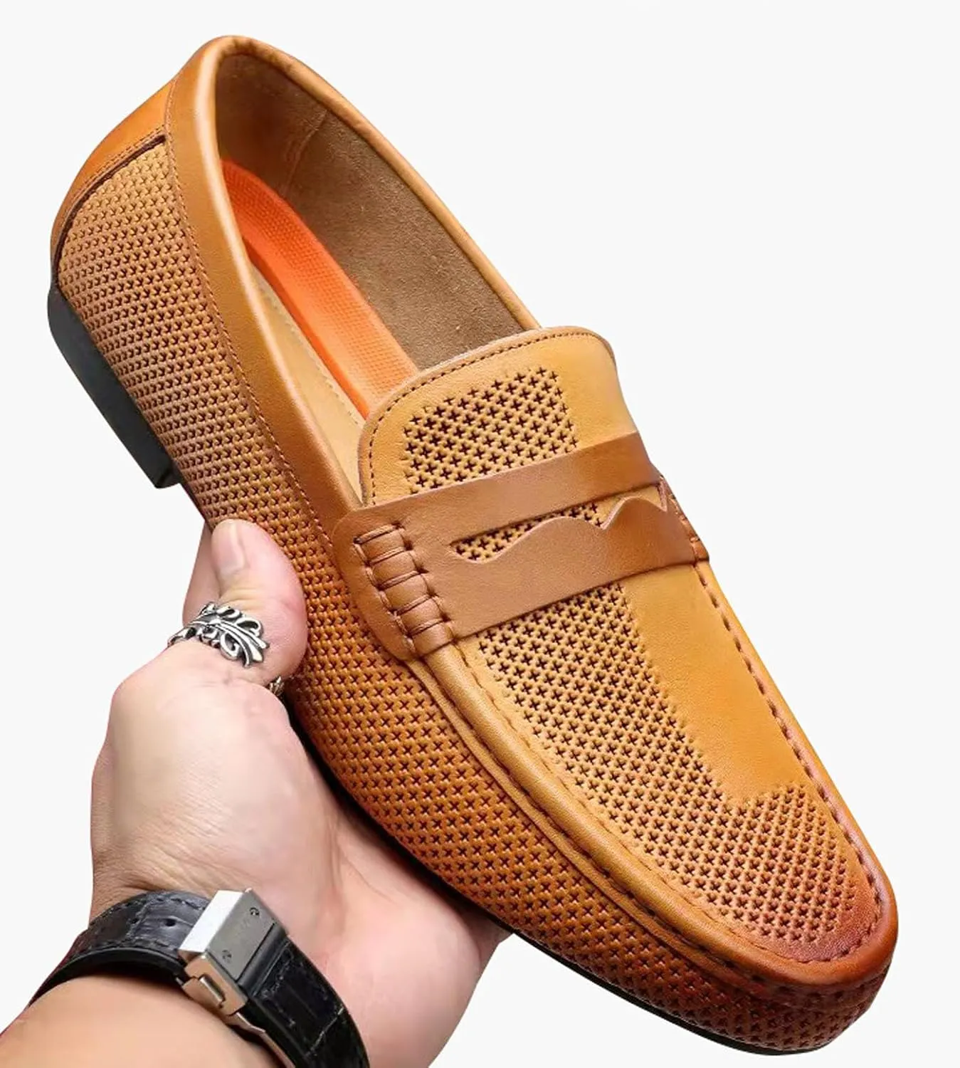Santimon Men's Dress Loafers Leather Shoes - Classic Penny Loafers for Work, Casual-Non-Slip, Comfortable Walking Shoes-Breathable Hollow Design Mocasines