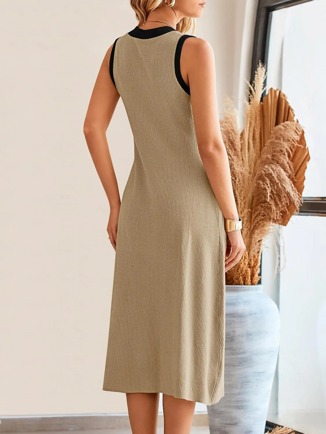 Saodimallsu Womens Summer Button Down Sweater Dresses Sleeveless V Neck Casual Ribbed Knit Color Block Midi Tank Dress