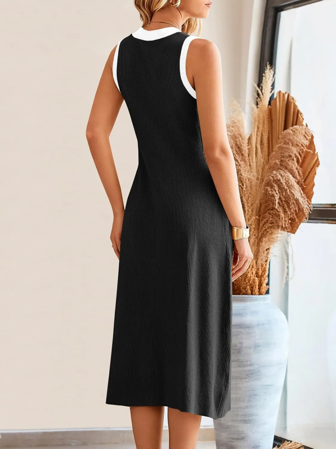 Saodimallsu Womens Summer Button Down Sweater Dresses Sleeveless V Neck Casual Ribbed Knit Color Block Midi Tank Dress