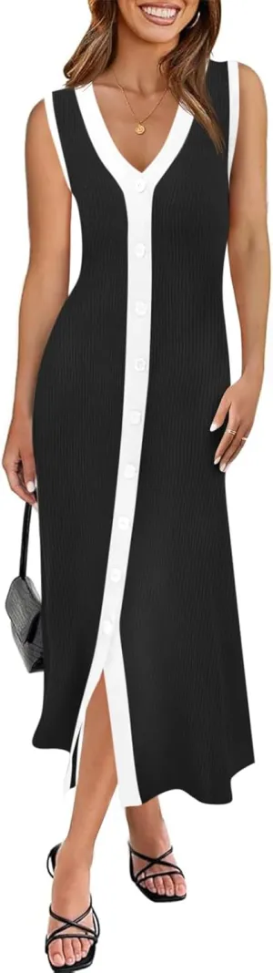 Saodimallsu Womens Summer Button Down Sweater Dresses Sleeveless V Neck Casual Ribbed Knit Color Block Midi Tank Dress