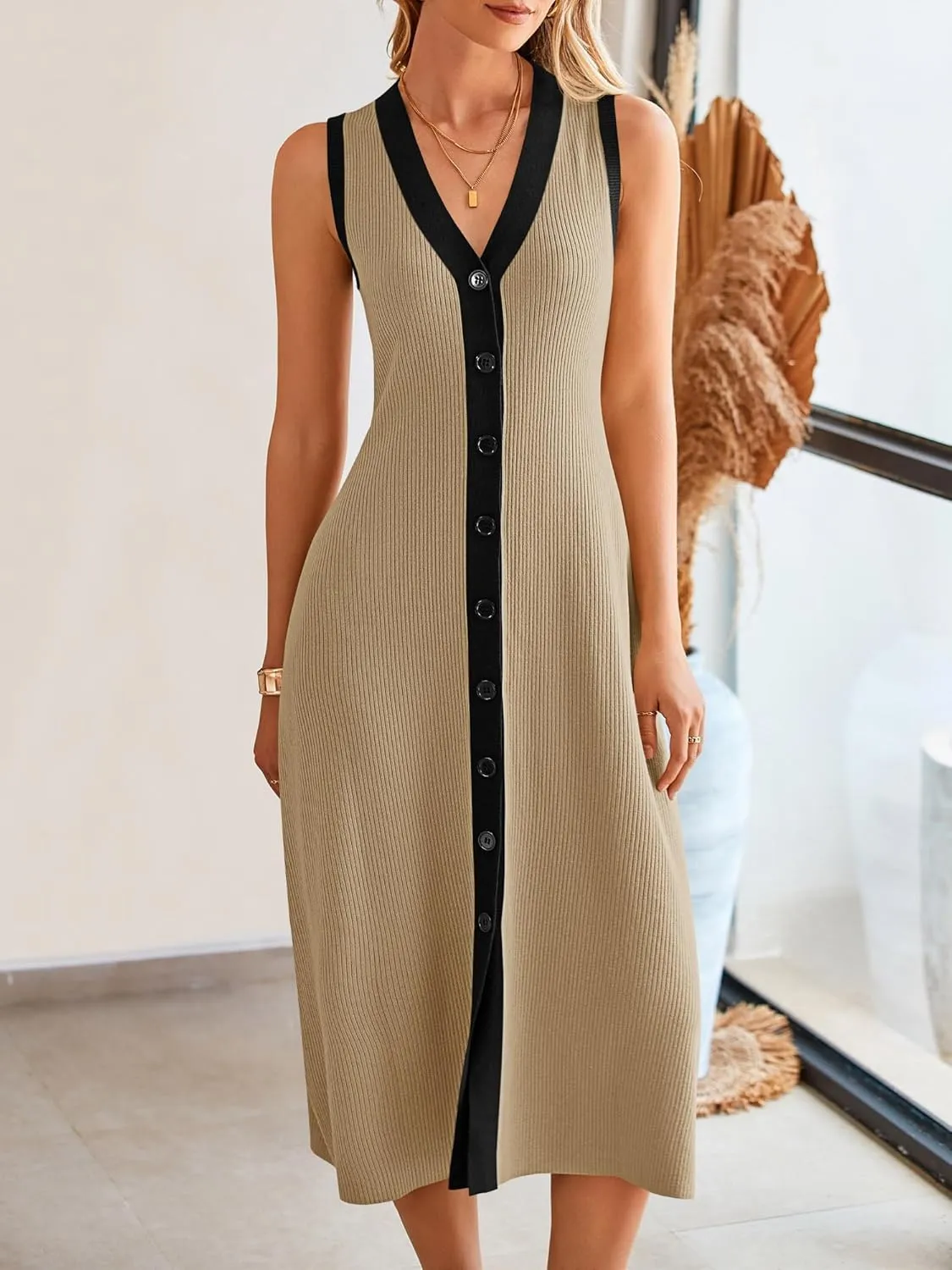 Saodimallsu Womens Summer Button Down Sweater Dresses Sleeveless V Neck Casual Ribbed Knit Color Block Midi Tank Dress