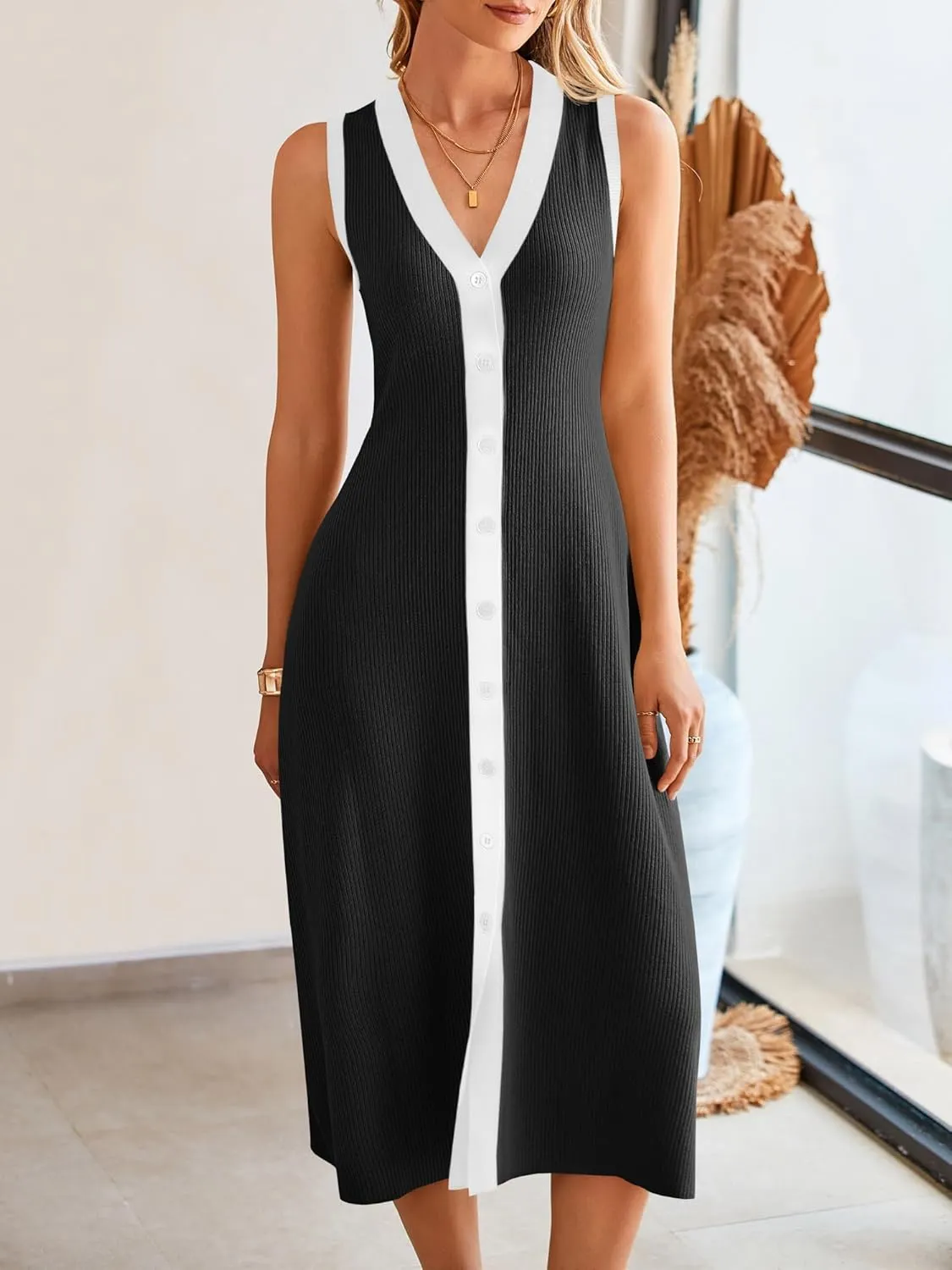 Saodimallsu Womens Summer Button Down Sweater Dresses Sleeveless V Neck Casual Ribbed Knit Color Block Midi Tank Dress