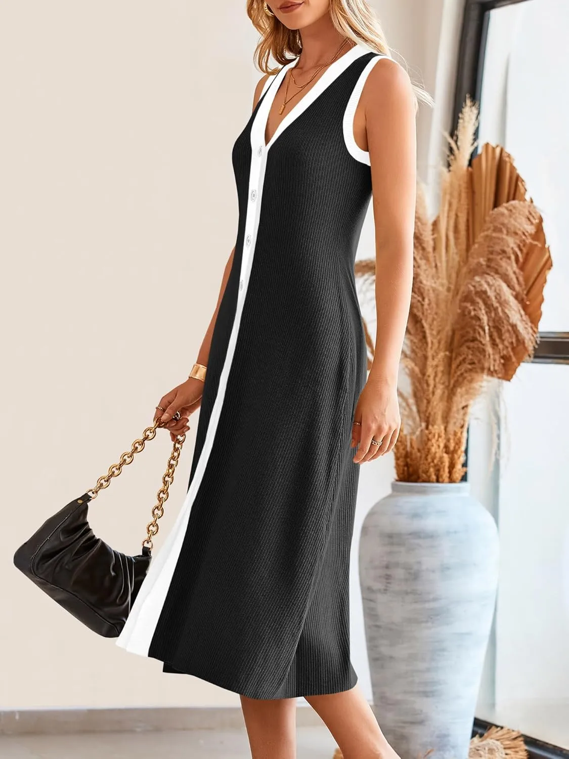 Saodimallsu Womens Summer Button Down Sweater Dresses Sleeveless V Neck Casual Ribbed Knit Color Block Midi Tank Dress