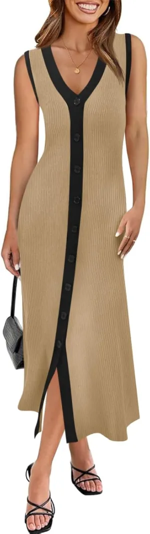 Saodimallsu Womens Summer Button Down Sweater Dresses Sleeveless V Neck Casual Ribbed Knit Color Block Midi Tank Dress