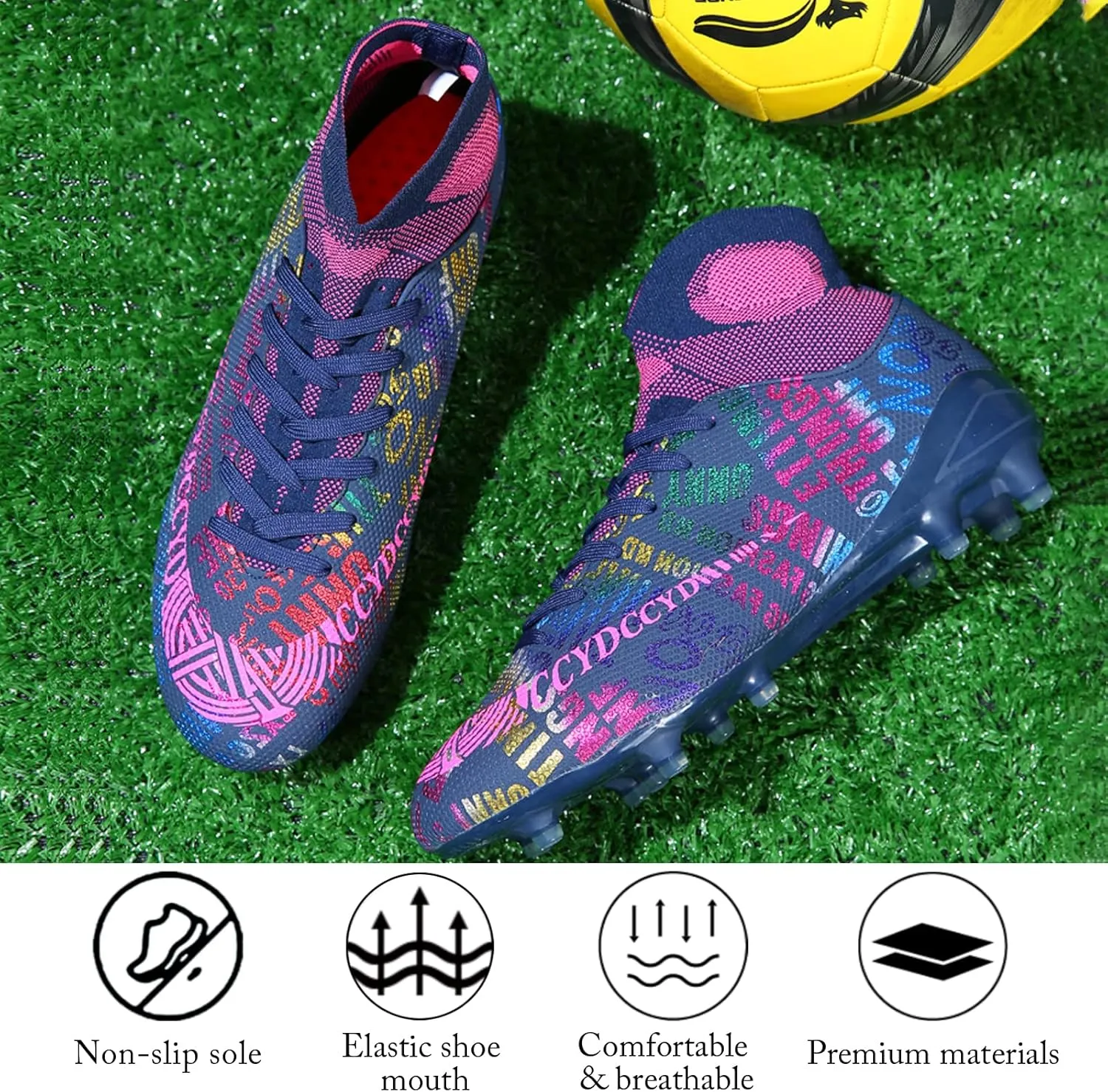 Soccer Cleats Mens Soccer Shoes Boys Professional High-Top Football Boots Indoor Outdoor Competition Training Shoes Comfortable Turf Football Shoes