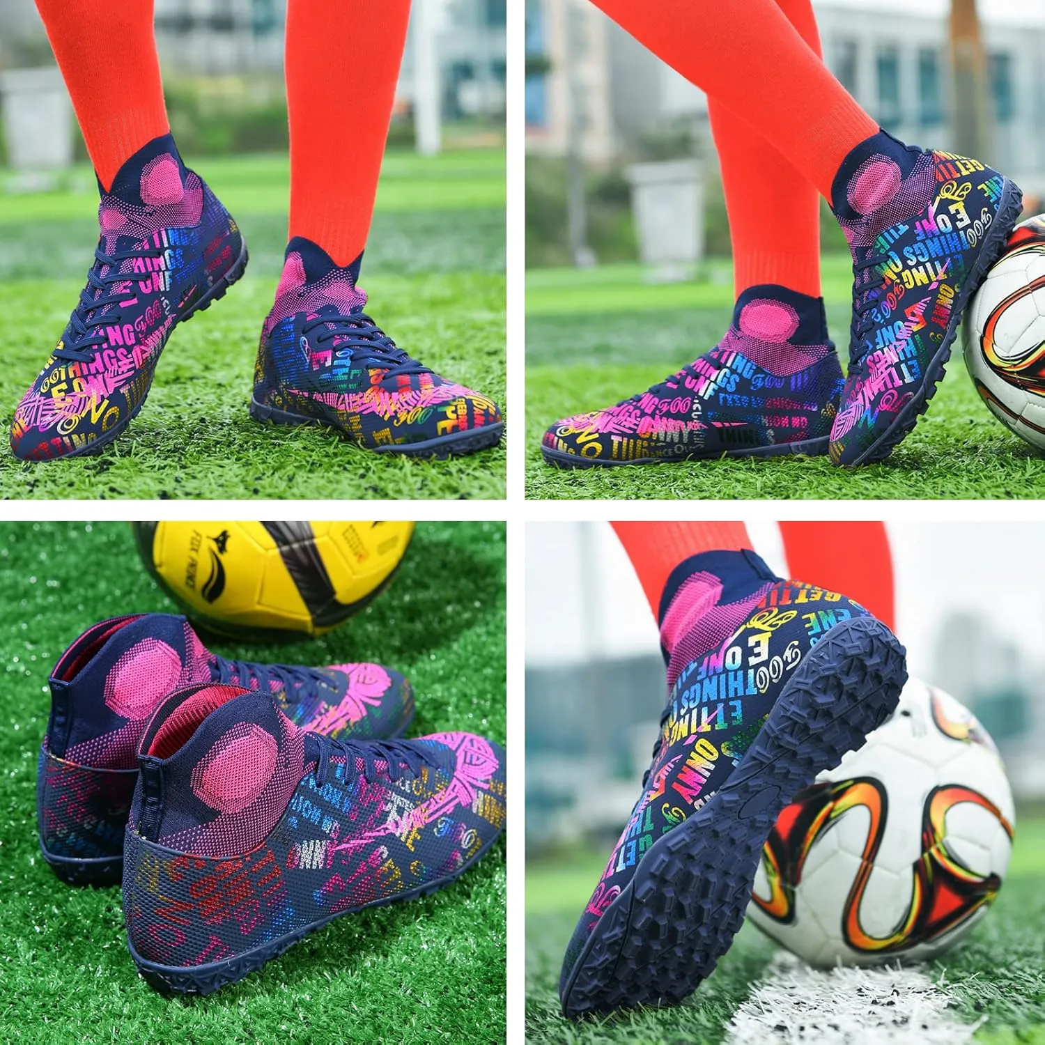 Soccer Cleats Mens Soccer Shoes Boys Professional High-Top Football Boots Indoor Outdoor Competition Training Shoes Comfortable Turf Football Shoes