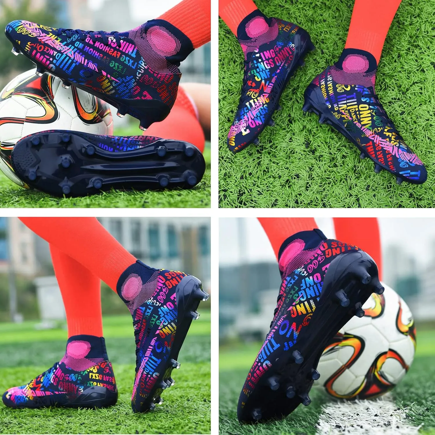 Soccer Cleats Mens Soccer Shoes Boys Professional High-Top Football Boots Indoor Outdoor Competition Training Shoes Comfortable Turf Football Shoes