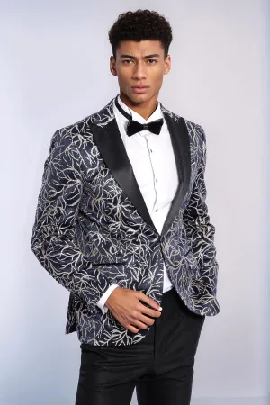 Sparkling Ivy Patterned Slim Fit Navy Blue Men Tuxedo Jacket - Wessi