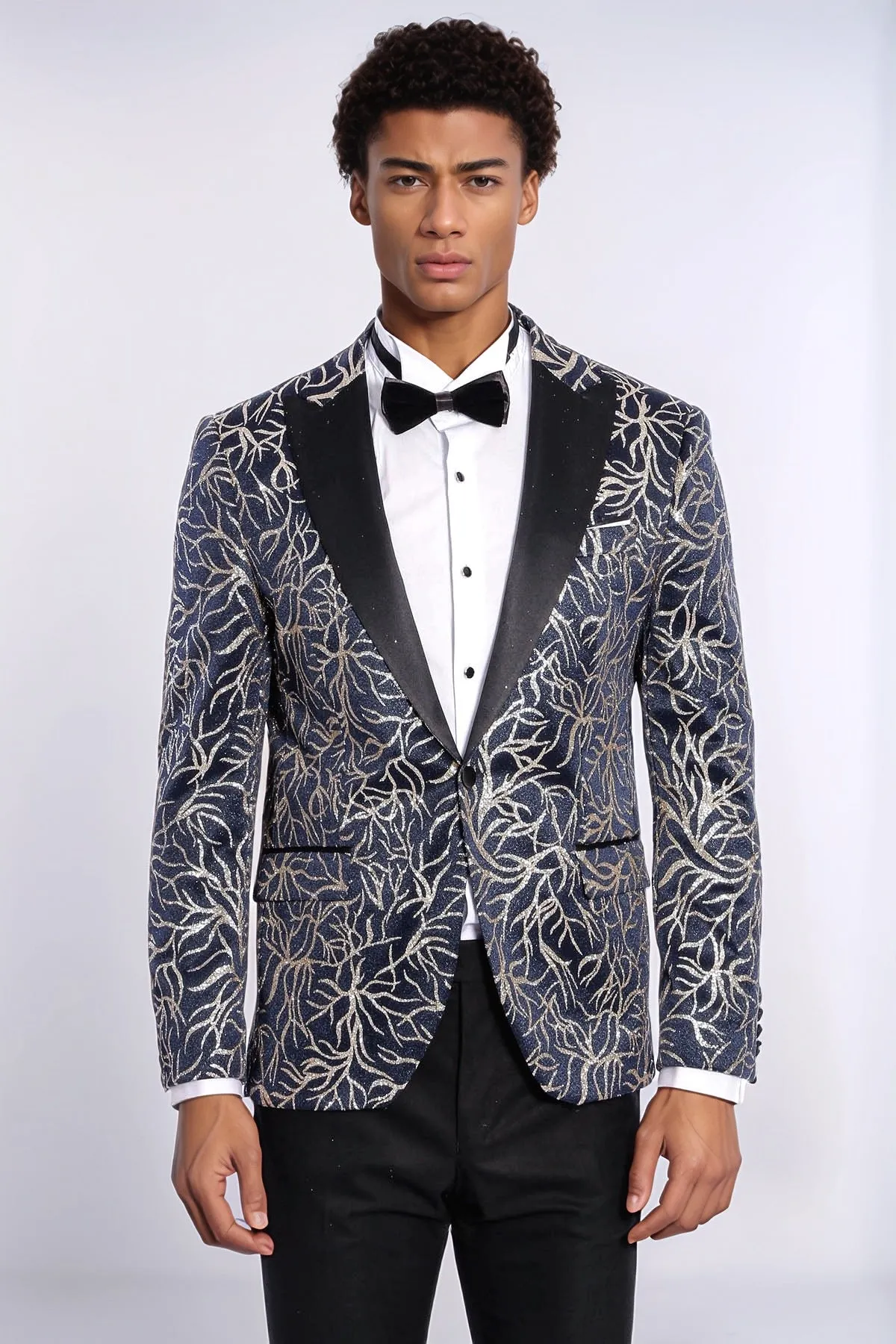 Sparkling Ivy Patterned Slim Fit Navy Blue Men Tuxedo Jacket - Wessi