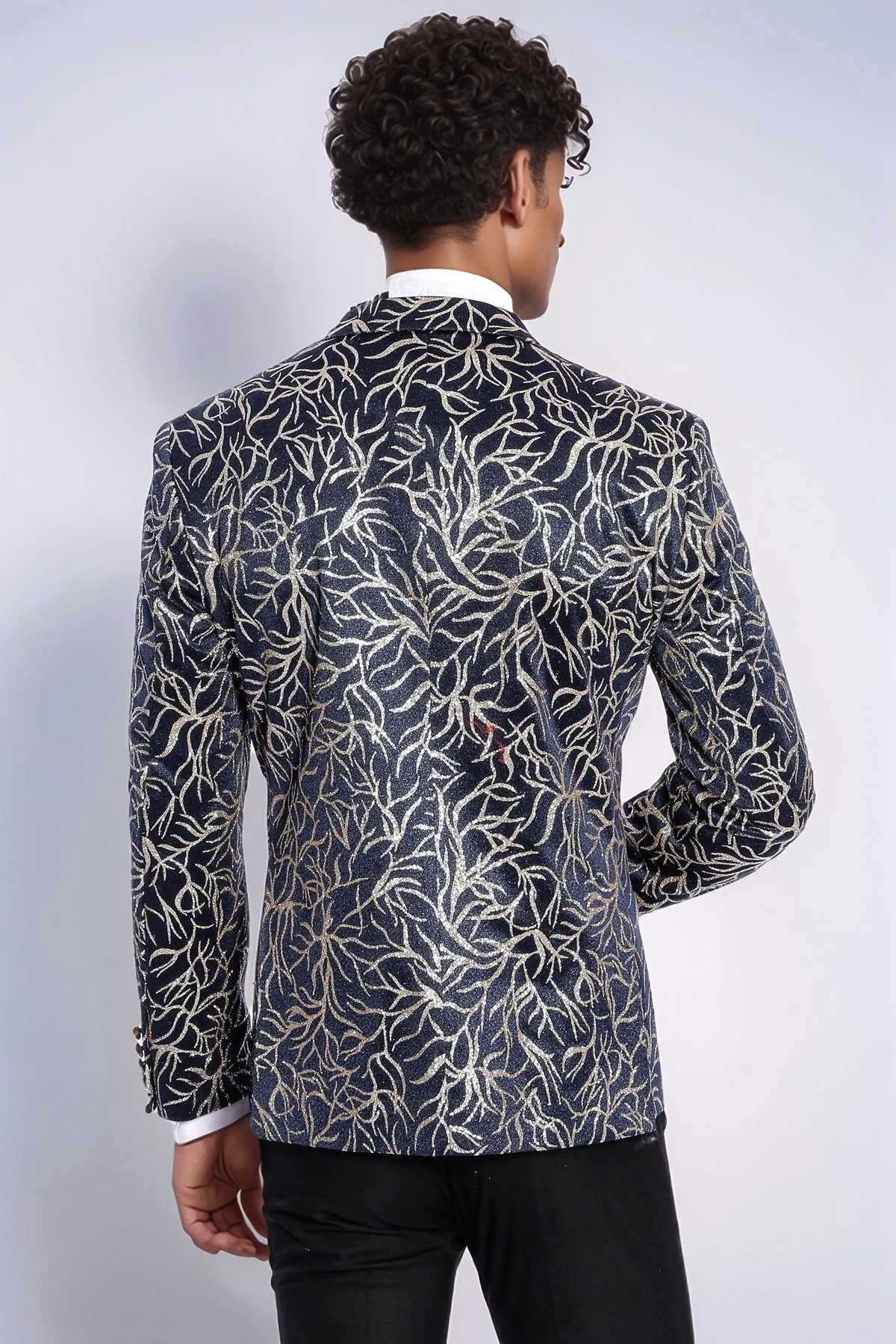 Sparkling Ivy Patterned Slim Fit Navy Blue Men Tuxedo Jacket - Wessi