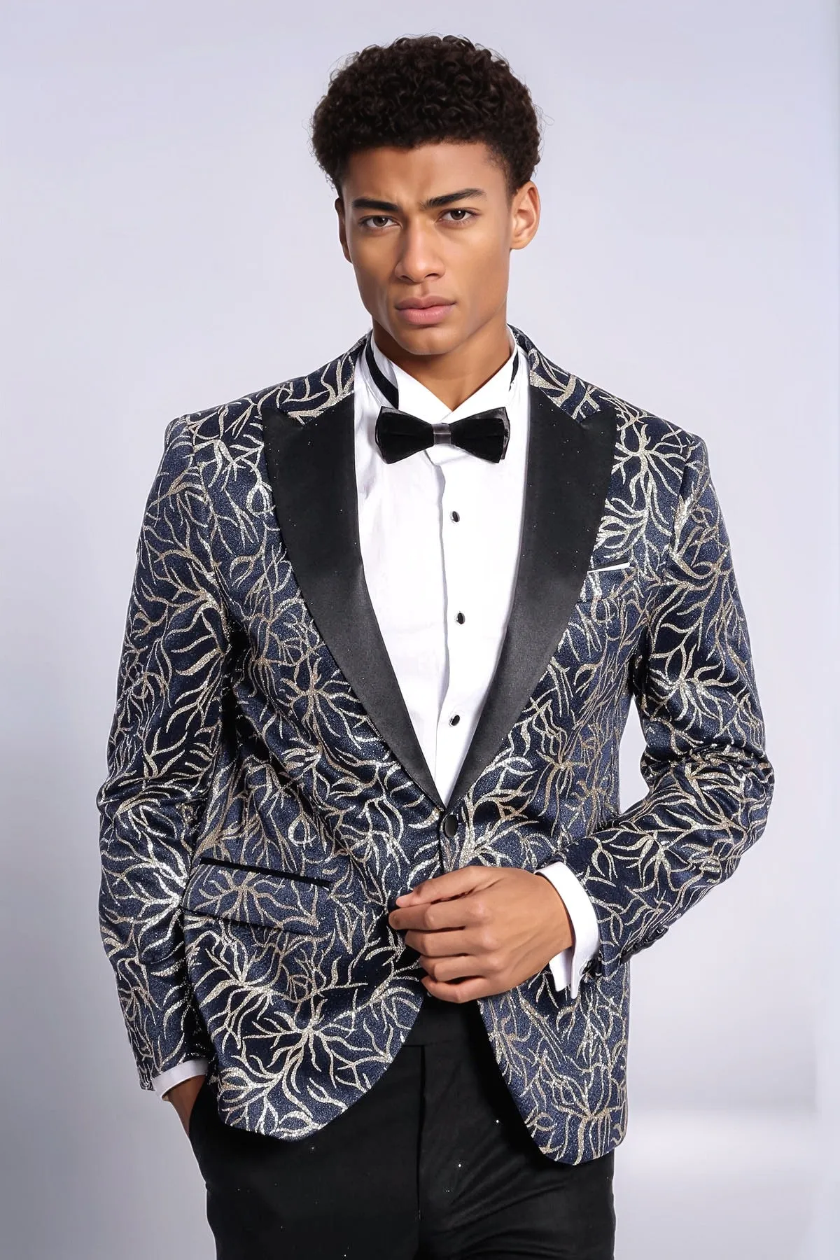 Sparkling Ivy Patterned Slim Fit Navy Blue Men Tuxedo Jacket - Wessi