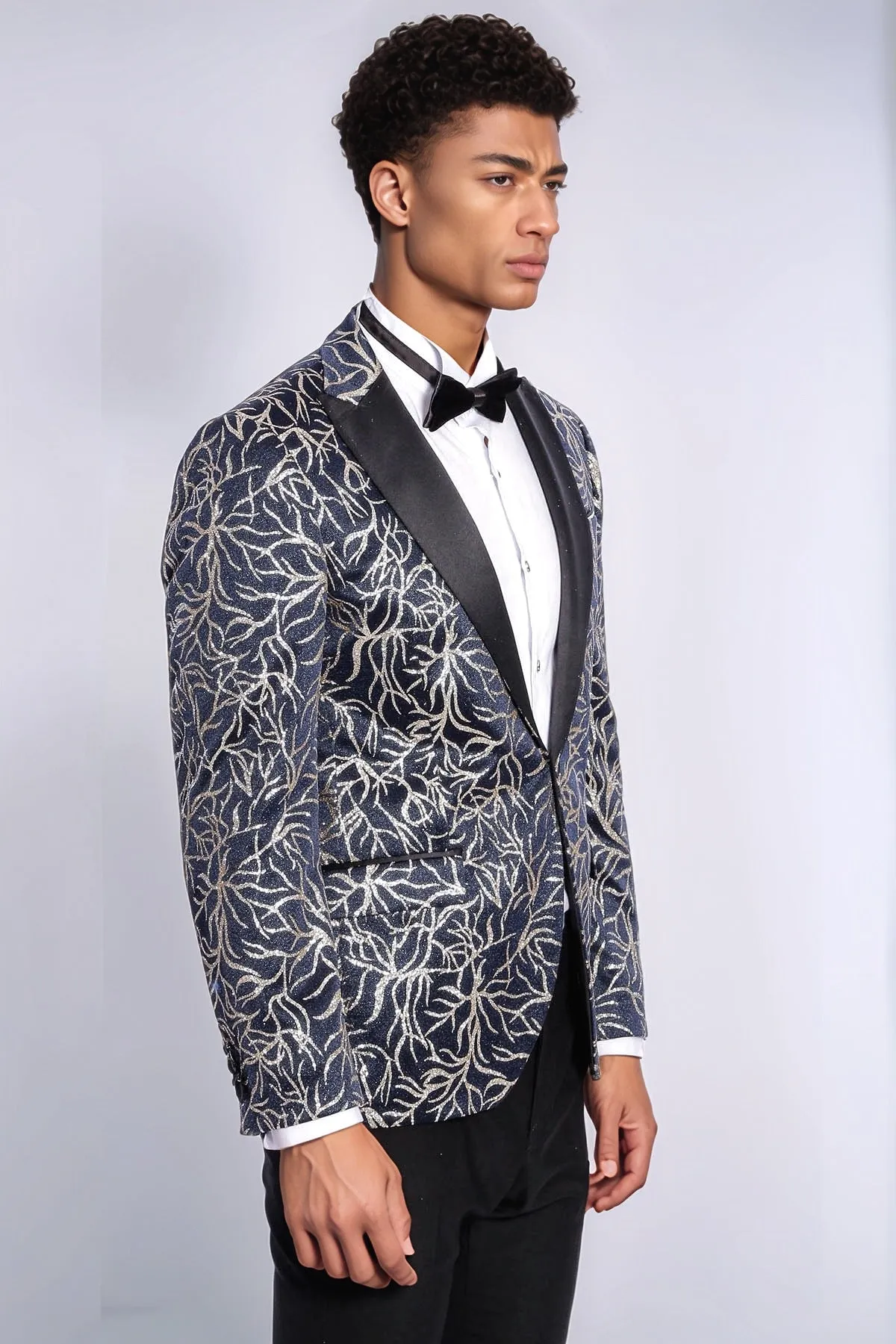 Sparkling Ivy Patterned Slim Fit Navy Blue Men Tuxedo Jacket - Wessi