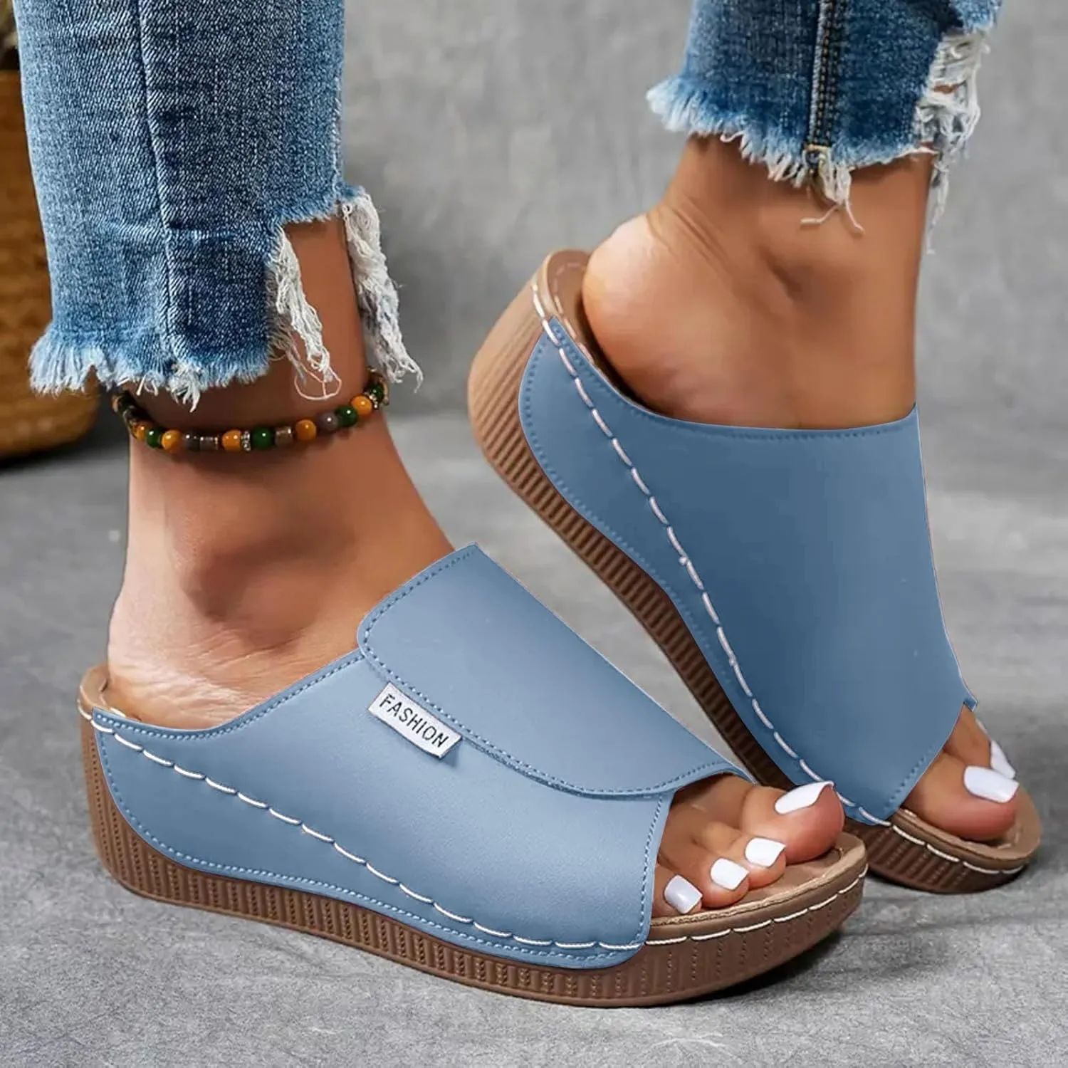 SuanlaTDS Women's Orthopedic Wedge Slide Sandals Platform Arch Support Comfortable Slip On Open Toe High Heels Slide Sandal Casual Summer Shoes Outdoor Elegant Dressy Walking Slippers